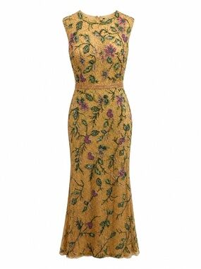 Mac Duggal Caramel w/ Floral Beading Cap Sleeve Column Gown